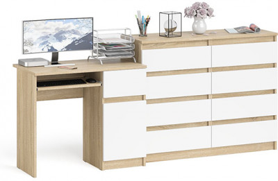 Мори компьютерный стол МС-1 правый + Комод МК1200.8, дуб сонома/белый