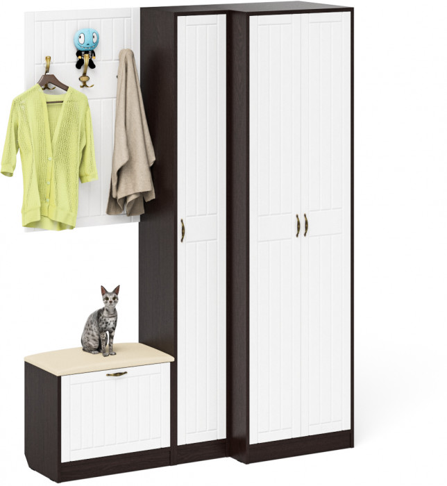 Прихожая П-6 Компоновка № 27, венге/фасады МДФ белое дерево фрезеровка прованс