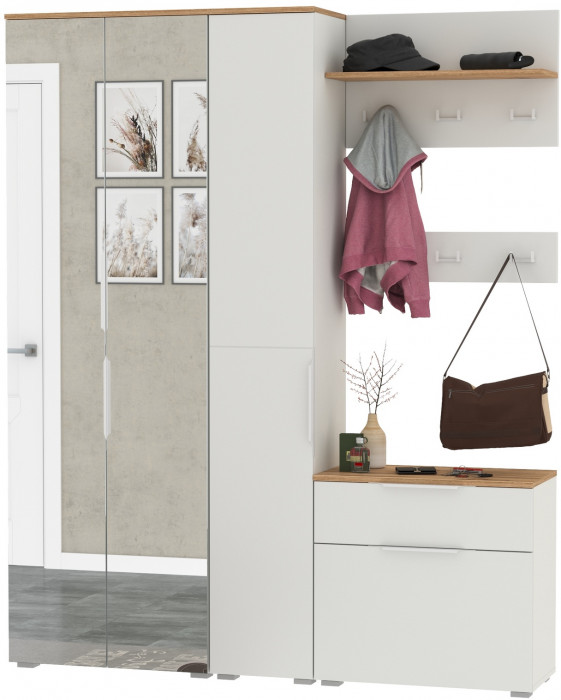 Октава Прихожая 15-123Н, цвет белый шагрень/дуб крафт золотой/фасады МДФ белый шагрень, ШхГхВ 161,5х35,4х197,6 см., универсальная сборка