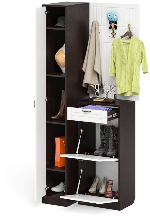 Прихожая П-6 Компоновка № 44, цвет венге/фасады МДФ белое дерево фрезеровка прованс, ШхГхВ 90х50х210 см., универсальная сборка