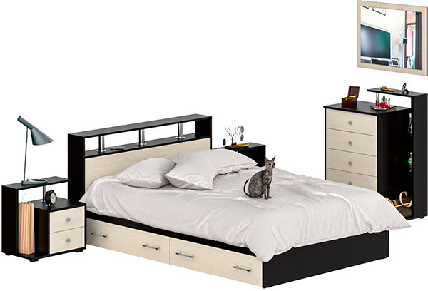 Камелия спальня № 12 Кровать с ящиками 1400 + Две тумбы + Комод + Зеркало, цвет венге/дуб лоредо, сп.м. 1400х2000 мм., б/м, основание есть