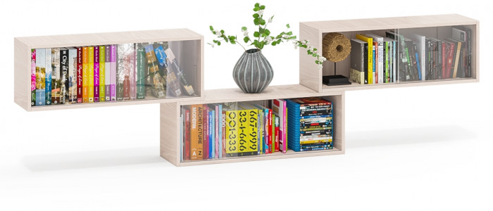 Три полки книжных С-МД-КН01, цвет ясень шимо светлый, размер каждой полки в отдельности: ШхГхВ 83х25х30 см., стеклянные дверцы