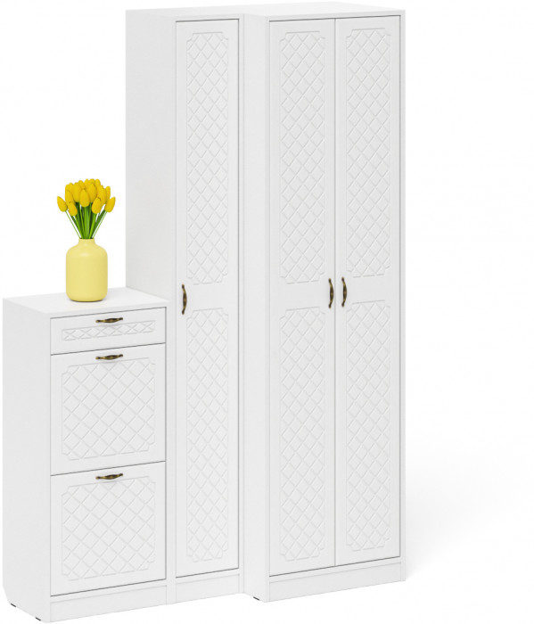 Прихожая П-6 Компоновка № 28, цвет белая шагрень/фасады МДФ белое дерево фрезеровка ромб, ШхГхВ 140х50х210 см., универсальная сборка