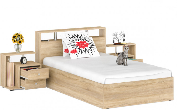 Камелия Кровать 1200 + две тумбы, дуб сонома