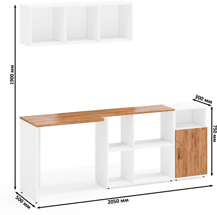 Лидер-8 Стол + Полка + Тумба МД 3.19, белый шагрень/крафт золото