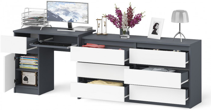 Мори компьютерный стол МС-1 левый + Комод МК1380.6, графит/белый