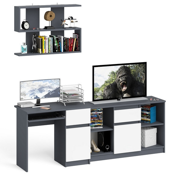 Мори компьютерный стол МС-1 правый + Тумба МТВ1204.1 + Полка 900, графит/белый