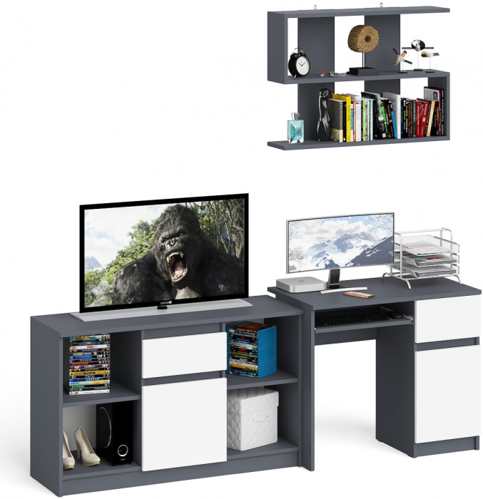 Мори компьютерный стол МС-1 правый + Тумба МТВ1204.1 + Полка 900, графит/белый