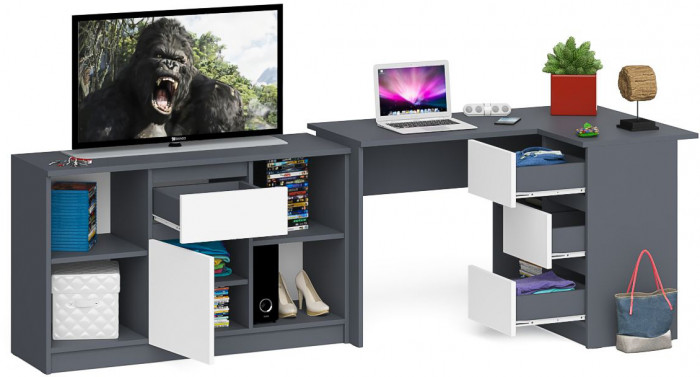 Мори компьютерный стол МС-16 правый + Тумба МТВ1204.1, графит/белый