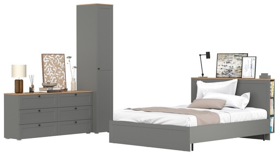 Остин 11.53 Кровать + ортопед + 13.225 Шкаф-пенал + 16.240 Комод, серый графит/дуб крафт золотой