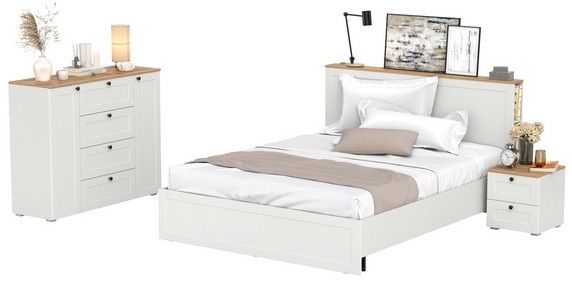 Остин 11.53 Кровать + ортопед + 16.152 Тумба прикроватная + 16.221 Комод, белый шагрень/дуб крафт золотой