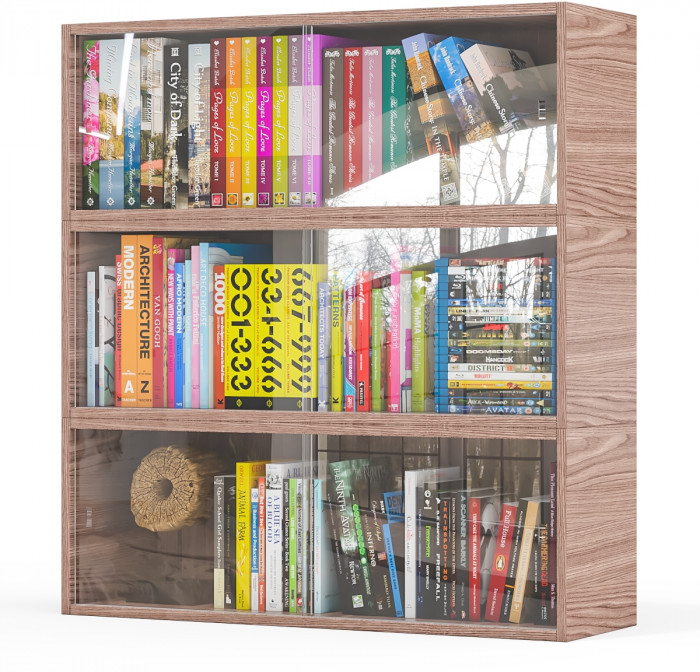 Три полки книжных С-МД-КН01, цвет ясень шимо тёмный, ШхГхВ размер каждой полки в отдельности: 83х25х30 см., стеклянные дверцы