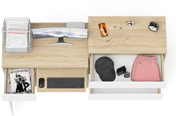 Мори Стол компьютерный МС-1 левый + Комод МК800.4, цвет дуб сонома/белый, ШхГхВ 170,4х50х94 см., выдвижной ящик слева, НЕ универсальная сборка