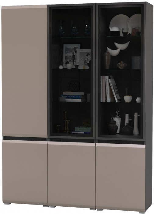 Сидней 13.201 Шкаф-витрина 2 штуки + Шкаф 13.200, цвет корпус: антрацит/фасады: МДФ веллюто капучино/стекло, ШхГхВ 150х41,3х205,2 см., ун. сб