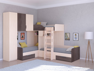 Трехместная кровать ТРИО/1 Дуб молочный/Дуб Шамони