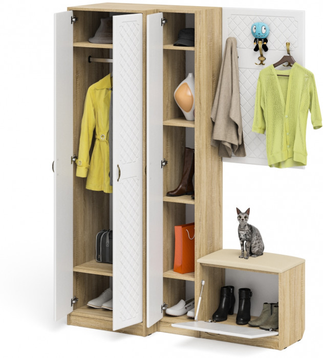 Прихожая П-6 Компоновка № 27, дуб сонома/фасады МДФ белое дерево фрезеровка ромб