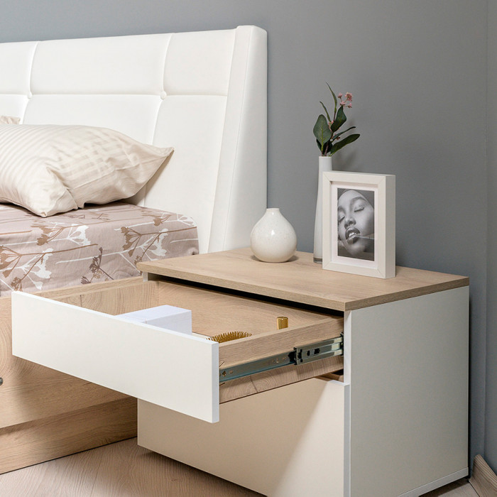 Муссон Кровать 11.41 + ортопед + Тумба 16.03 + Комод 13.97, цвет белый/дуб эндгрейн элегантный, сп. м. 1600х2000 мм., б/м