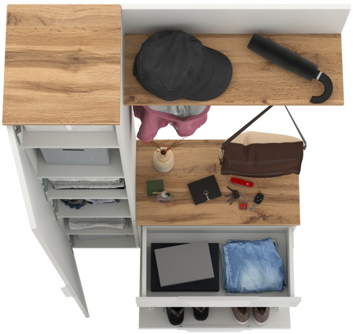 Октава Прихожая 16, цвет белый шагрень/дуб крафт золотой/фасады МДФ белый шагрень, ШхГхВ 97,1х35,4х197,6 см., универсальная сборка