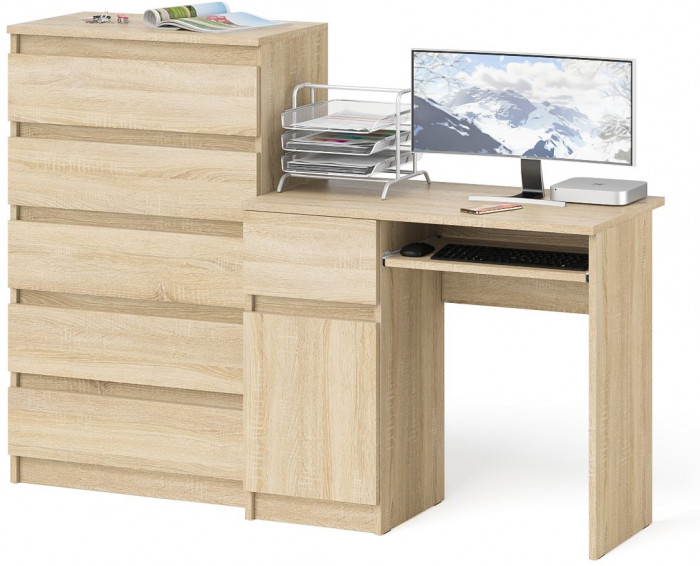 Мори Стол компьютерный МС-1 левый + Комод МК700.5, цвет дуб сонома, ШхГхВ 160,4х50х114 см., выдвижной ящик слева, НЕ универсальная сборка