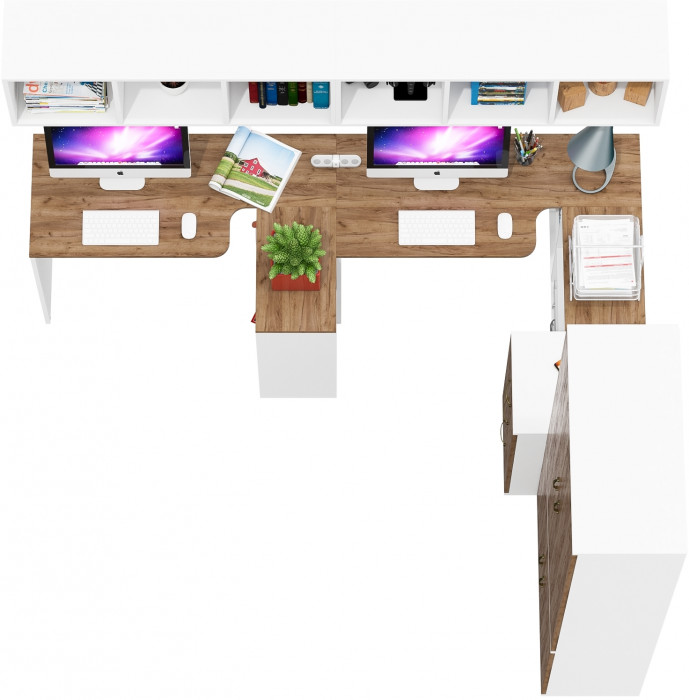 Лидер-8 Стол + Полка + Стол + Полка + Шкаф МД 20Б + Тумба МД 3.16, белый шагрень/крафт золото