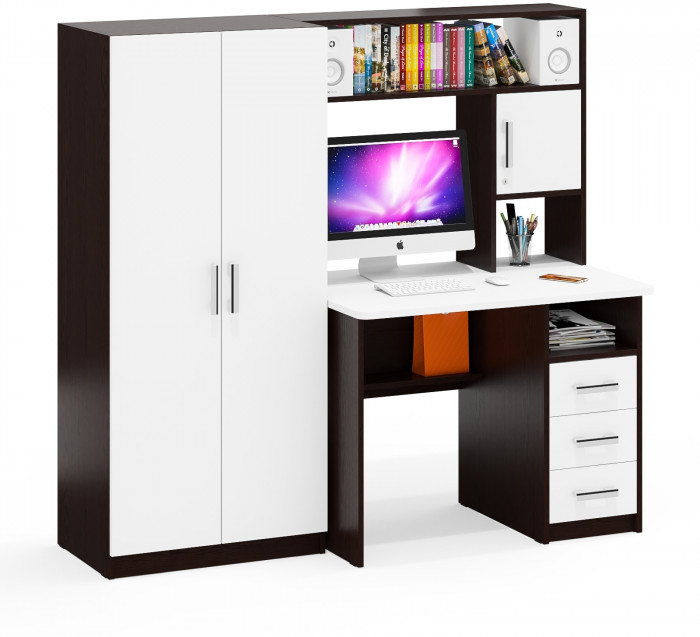 Стол компьютерный С-МД-СК9+Шкаф С-МД-СК9Ш, цвет венге/белый шагрень, ШхГхВ 172х70х160 см., НЕ универсальная сборка
