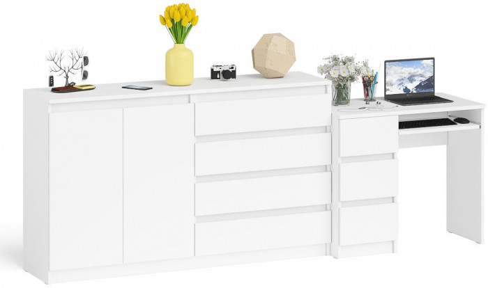 Мори Стол компьютерный МС-6 левый + Комод МК1600.1, цвет белый, ШхГхВ 250,4х50х94 см., выдвижные ящики слева, НЕ универсальная сборка