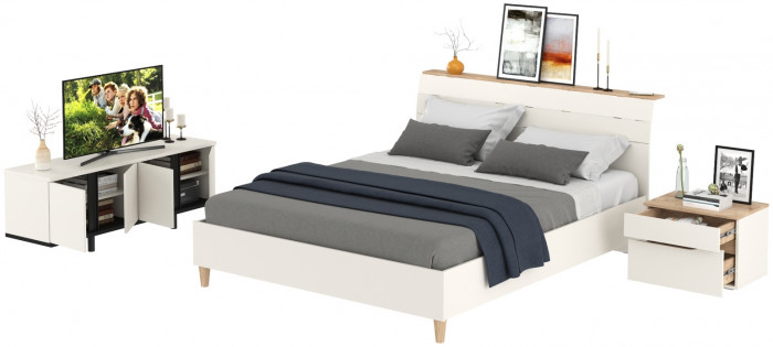 Муссон Кровать 11.41 + ортопед + Тумба 16.03 + Тумба ТВ 13.276, цвет белый/чёрный/дуб эндгрейн элегантный, сп. м. 1600х2000 мм., б/м