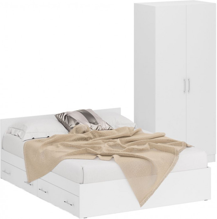Кровать с ящиками 1600 + Шкаф 2-х створчатый Стандарт, белый