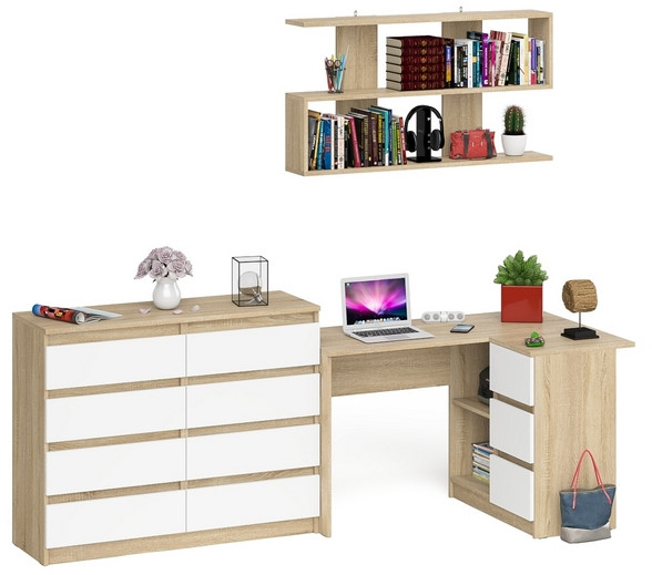 Мори компьютерный стол МС-16 правый + Комод МК1200.8 + Полка 1200, дуб сонома/белый