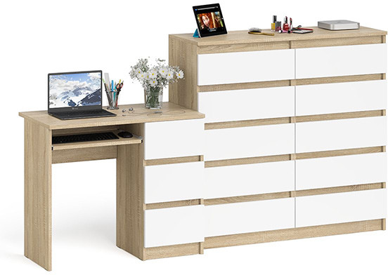 Мори компьютерный стол МС-6 правый + Комод МК1200.10, дуб сонома/белый