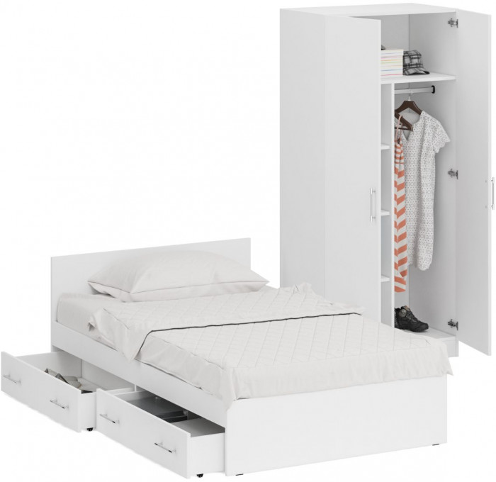 Кровать с ящиками 1200 + Шкаф 2-х створчатый Стандарт, белый