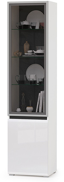 Сидней 13.201 Шкаф-витрина, цвет корпус: белый/чёрный/фасады: МДФ белый глянец/прозрачное стекло с серой тонировкой, ШхГхВ 50х41,3х205,2 см., ун. сб.