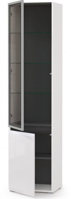 Сидней 13.201 Шкаф-витрина, цвет корпус: белый/чёрный/фасады: МДФ белый глянец/прозрачное стекло с серой тонировкой, ШхГхВ 50х41,3х205,2 см., ун. сб.