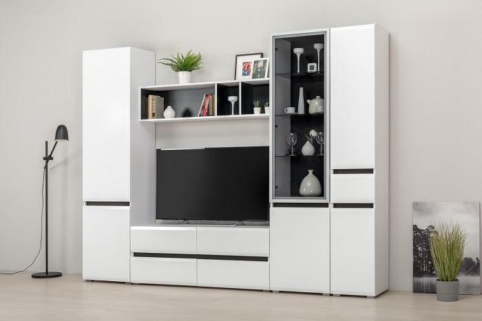 Сидней 13.201 Шкаф-витрина, цвет корпус: белый/чёрный/фасады: МДФ белый глянец/прозрачное стекло с серой тонировкой, ШхГхВ 50х41,3х205,2 см., ун. сб.