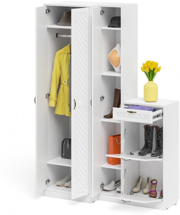 Прихожая П-6 Компоновка № 28, белая шагрень/фасады МДФ белое дерево фрезеровка ромб