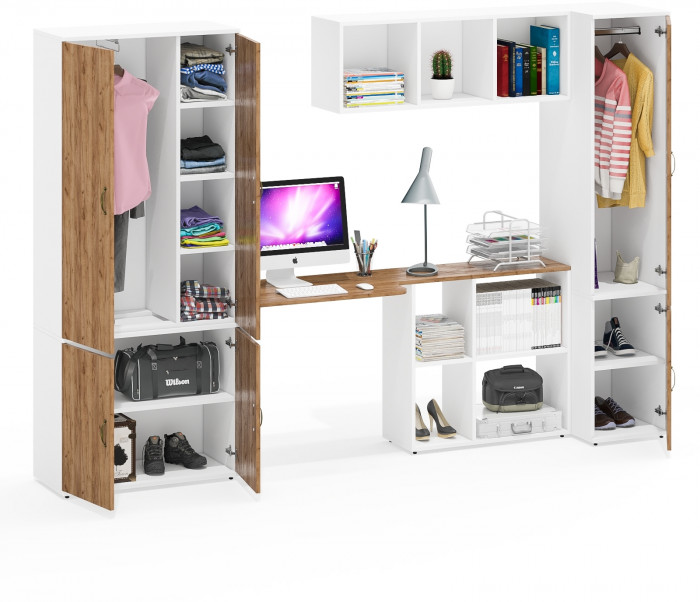 Лидер-8 Шкаф МД 20Б + Стол + Полка + Пенал 23Б, белый шагрень/крафт золото