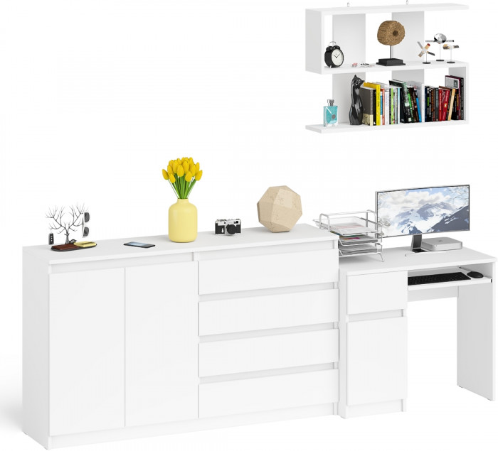 Мори компьютерный стол МС-1 левый + Комод МК1600.1 + Полка 900, белый