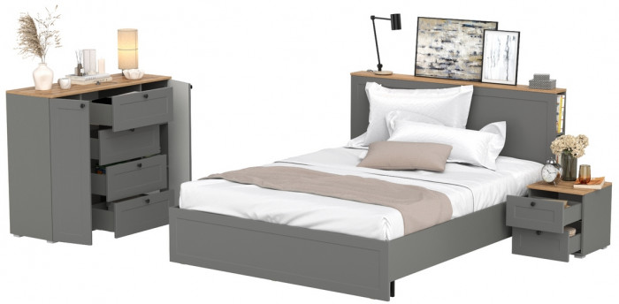 Остин 11.53 Кровать + ортопед + 16.152 Тумба прикроватная + 16.221 Комод, серый графит/дуб крафт золотой