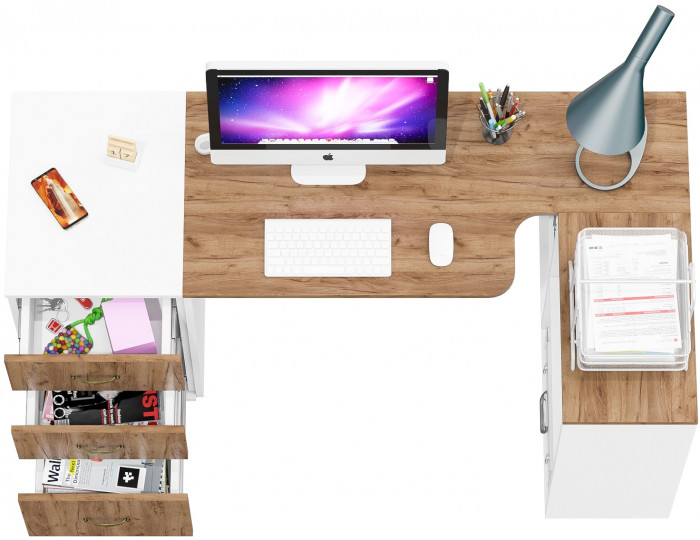 Лидер-8 Стол + Тумба МД 3.16, цвет белый шагрень/крафт золото, ШхГхВ 205х50/30х75 см. или 115х50/120х75 см., НЕ универсальная сборка