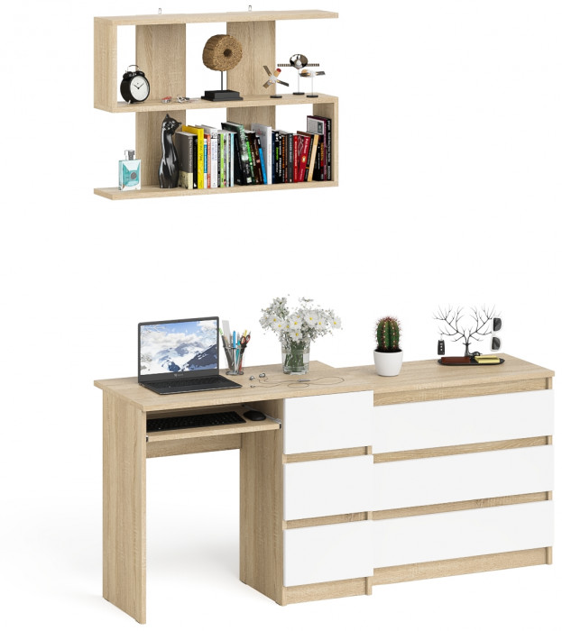 Мори Стол компьютерный МС-6 правый + Комод МК800.1 + Полка 900, цвет дуб сонома/белый, ШхГхВ 170,4х50х209,6 см., НЕ универсальная сборка