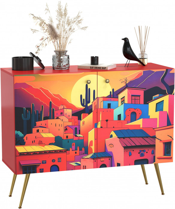 Кармин Комод-тумба 16.230.03, цвет красный/белый, ШхГхВ 115,3х42,6х93,2 см., фасады с рисунком Бразильские домики, две дверки