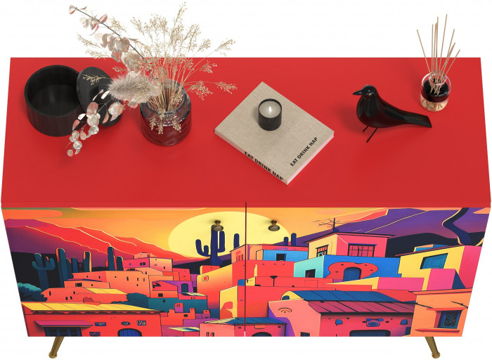 Кармин Комод-тумба 16.230.03, цвет красный/белый, ШхГхВ 115,3х42,6х93,2 см., фасады с рисунком Бразильские домики, две дверки