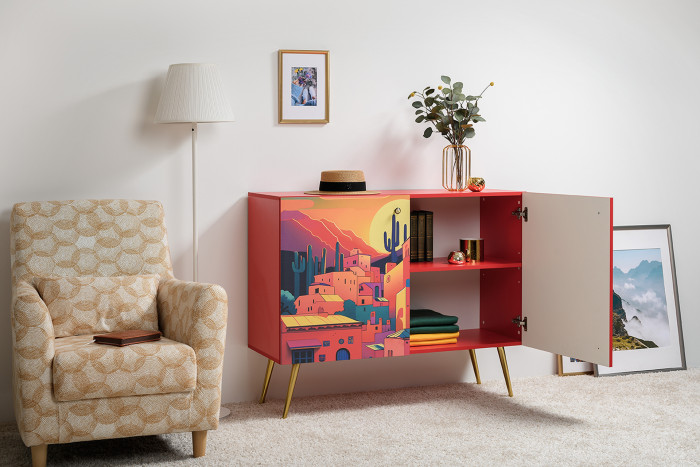 Кармин Комод-тумба 16.230.03, цвет красный/белый, ШхГхВ 115,3х42,6х93,2 см., фасады с рисунком Бразильские домики, две дверки