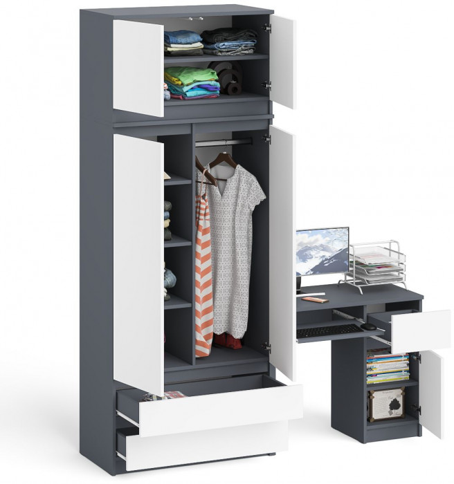 Мори Стол компьютерный МС-1 правый + Шкаф МШ900.1 + Антресоль МА900.1, цвет графит/белый, ШхГхВ 180,4х50,4х234,2 см., выдвиж. ящик справа, НЕ ун. сб.