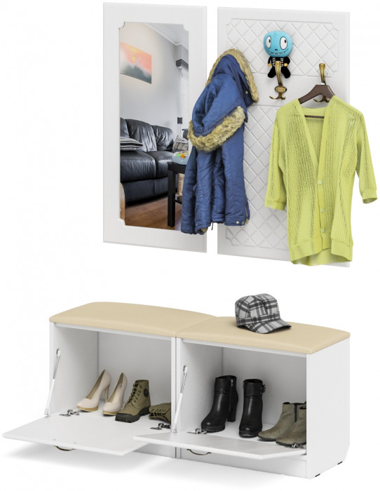 Прихожая П-6 Компоновка № 02, белая шагрень/фасады МДФ белое дерево фрезеровка ромб