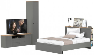 Остин 11.53 Кровать + ортопед + 13.225 Шкаф-пенал + 16.47 Тумба под ТВ, серый графит/дуб крафт золотой