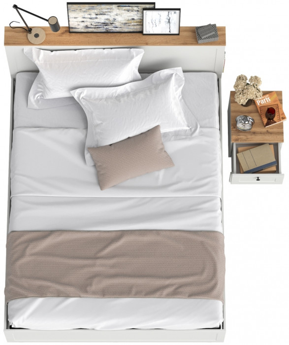 Остин 11.53 Кровать + ортопед + 16.152 Тумба прикроватная, белый шагрень/дуб крафт золотой