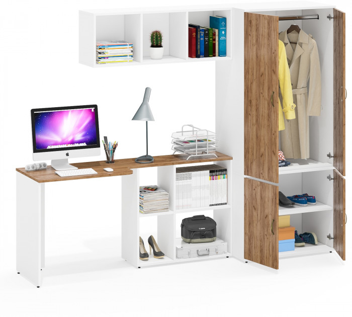 Лидер-8 Стол + Полка + Шкаф МД 19Б, цвет белый шагрень/крафт золото, ШхГхВ 245х50х75/190 или 115х160/50х75/190 см., НЕ универсальная сборка