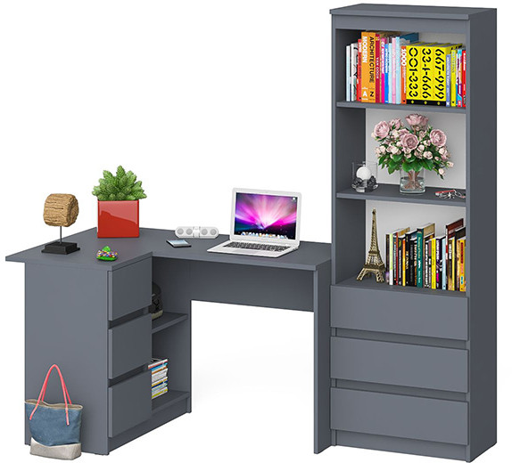 Мори Стол компьютерный МС-16 левый + Стеллаж МСТ600.3, цвет графит, ШхГхВ 184,8х84,9х179,6 см., выдвижные ящики слева, НЕ универсальная сборка