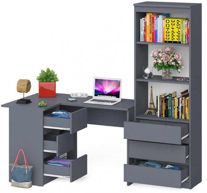 Мори Стол компьютерный МС-16 левый + Стеллаж МСТ600.3, цвет графит, ШхГхВ 184,8х84,9х179,6 см., выдвижные ящики слева, НЕ универсальная сборка